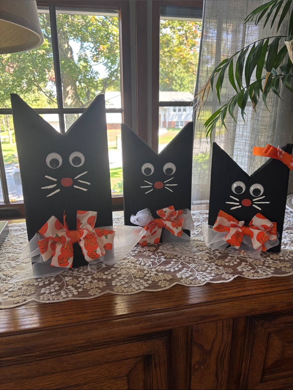 Wooden Black Halloween Cat Family Figurines with Orange Ribbon Bows